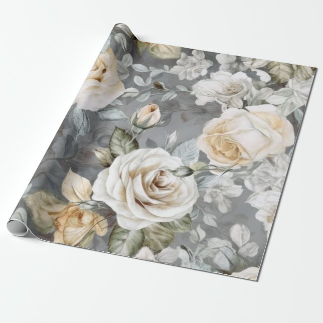 Delicate Vintage Creamy White Roses Wrapping Paper (Unrolled)