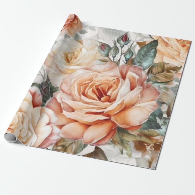 Delicate Vintage Peach and White Roses Wrapping Paper (Unrolled)