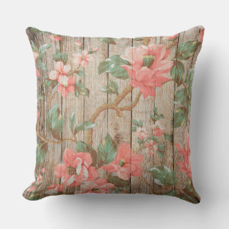 Delicate Vintage Pink Floral Green Leaves on Wood Cushion