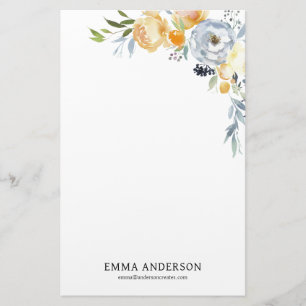 Delicate Watercolor Apricot & Dusty Blue Floral Stationery