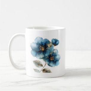 Delicate watercolor azure blue and gold flowers coffee mug