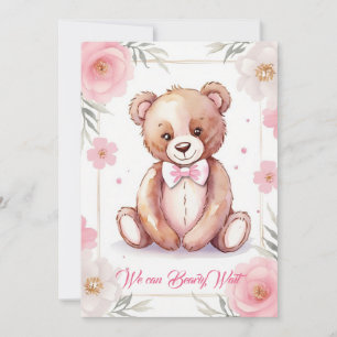 Delicate watercolor bear with a bow in roses invitation