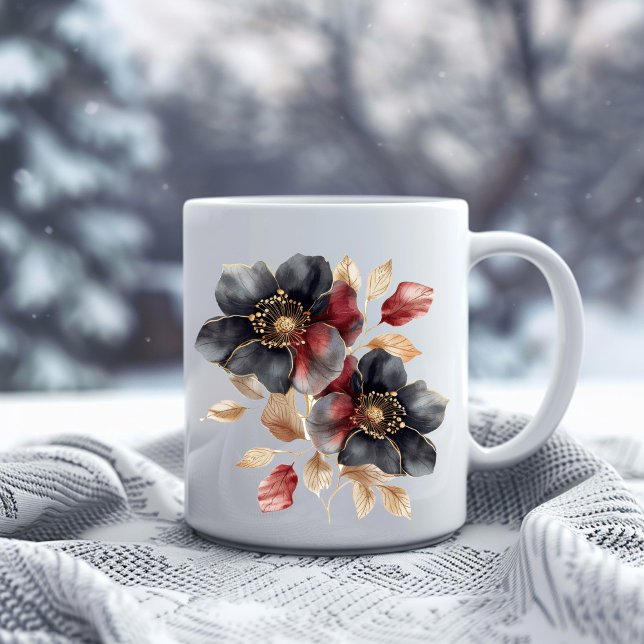 Delicate watercolor black gold & burgundy flowers coffee mug (Creator Uploaded)
