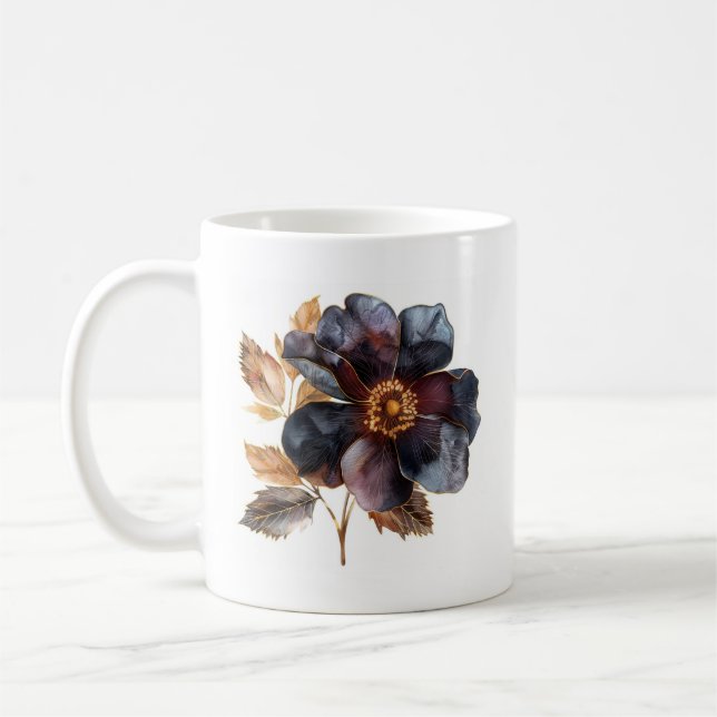 Delicate watercolor black gold & burgundy flowers coffee mug (Left)
