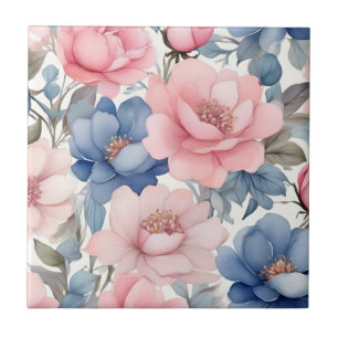 Delicate Watercolor Blue And Pink Flowers Pattern Tile
