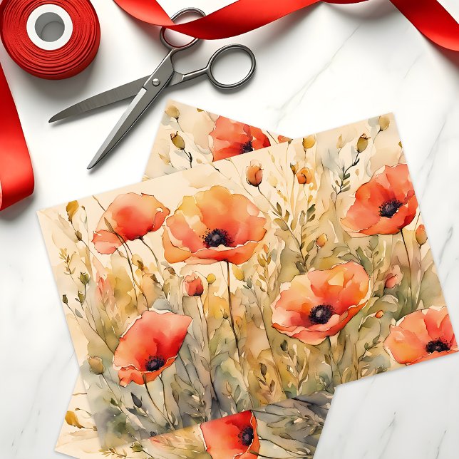 Delicate Watercolor Bold Orange Poppy Blooms Tissue Paper (Creator Uploaded)