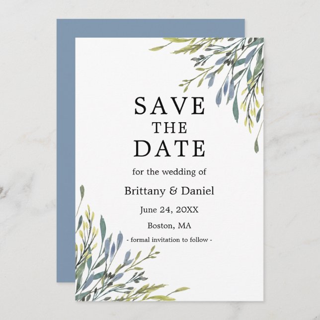 Delicate Watercolor Botanical Greenery Dusty Blue Save The Date (Front/Back)