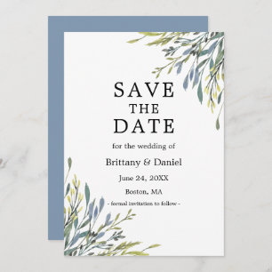 Delicate Watercolor Botanical Greenery Dusty Blue Save The Date