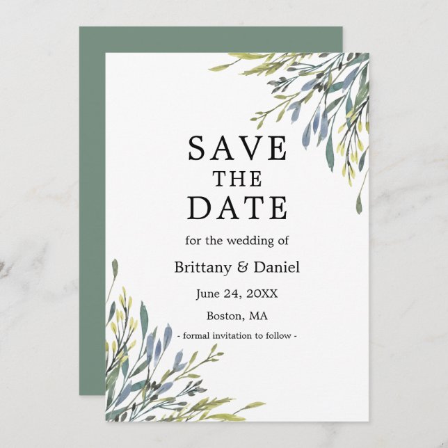 Delicate Watercolor Botanical Greenery Sage Green Save The Date (Front/Back)