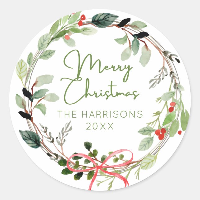 Delicate Watercolor Christmas Wreath Classic Round Sticker (Front)