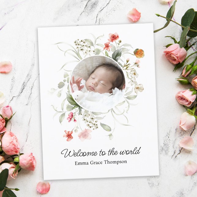 Delicate Watercolor Floral Birth Announcement Postcard (Creator Uploaded)