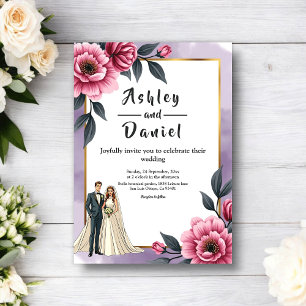 Delicate Watercolor Floral Bride And Groom Wedding Invitation