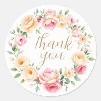 Delicate watercolor floral frame thank you classic round sticker