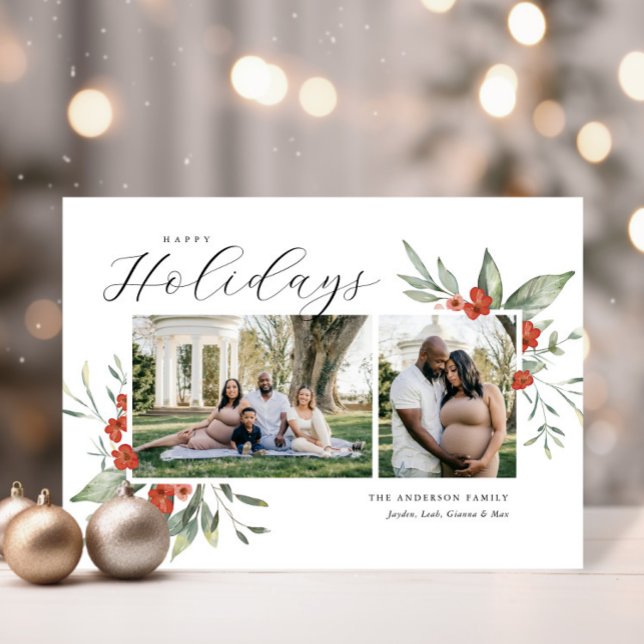 Delicate Watercolor Floral Happy Holidays Photo Holiday Card (Creator Uploaded)