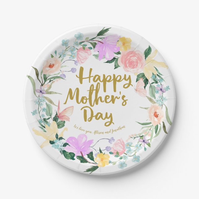 Delicate Watercolor Floral Happy Mothers Day Paper Plate (Front)