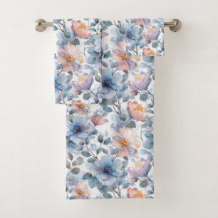 Delicate watercolor floral pattern in pastel colou bath towel set