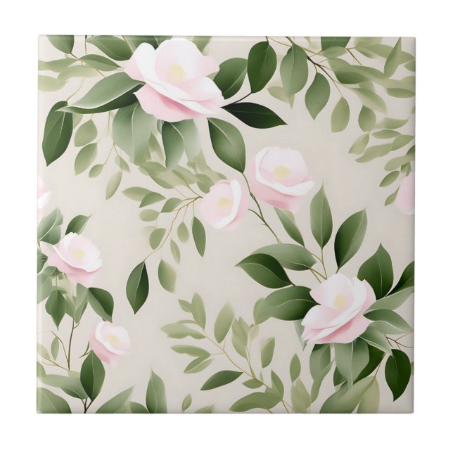 Delicate Watercolor Flowers Eucalyptus Pattern Tile (Front)