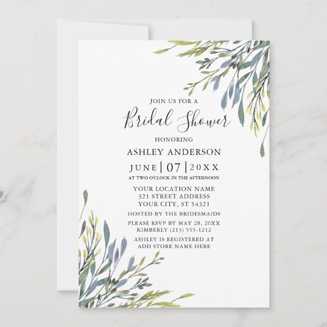 Delicate Watercolor Greenery Bridal Shower Invitation (Front)