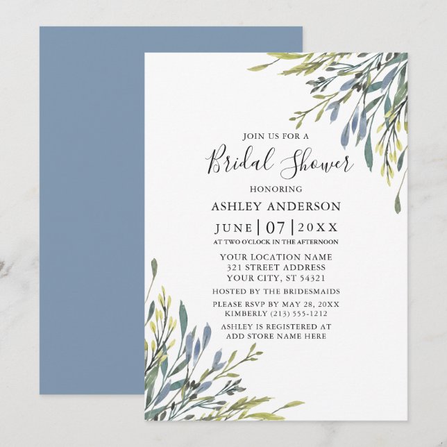 Delicate Watercolor Greenery Dusty Blue Shower Invitation (Front/Back)