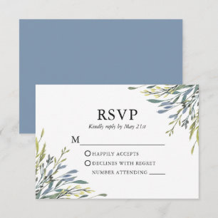 Delicate Watercolor Greenery Dusty Blue Wedding RSVP Card