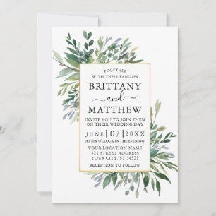 Delicate Watercolor Greenery Gold Wedding Invitation