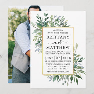Delicate Watercolor Greenery Photo Gold Wedding Invitation
