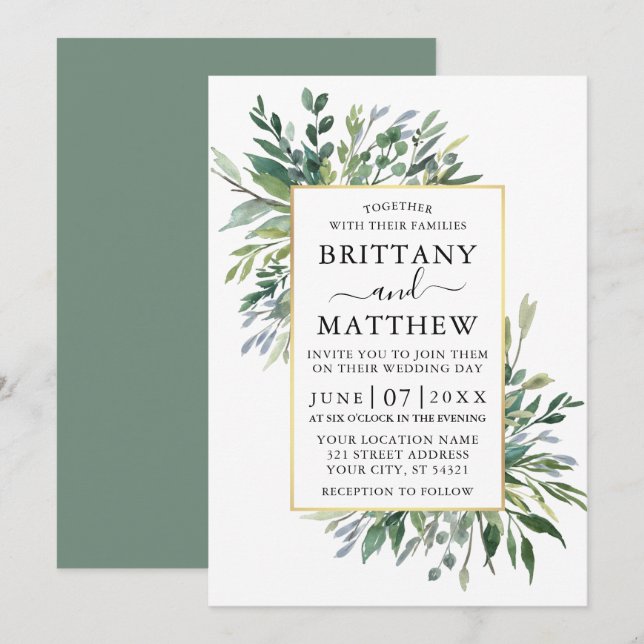 Delicate Watercolor Greenery Sage Green Gold Invitation (Front/Back)