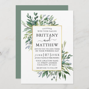 Delicate Watercolor Greenery Sage Green Gold Invitation