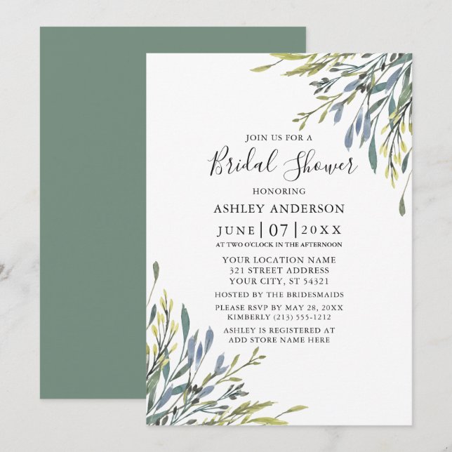 Delicate Watercolor Greenery Sage Green Shower Invitation (Front/Back)
