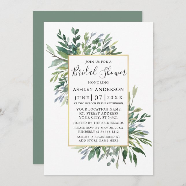 Delicate Watercolor Greenery Sage Green Shower Invitation (Front/Back)
