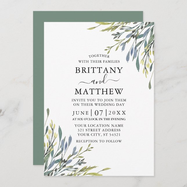 Delicate Watercolor Greenery Wedding Sage Green Invitation (Front/Back)
