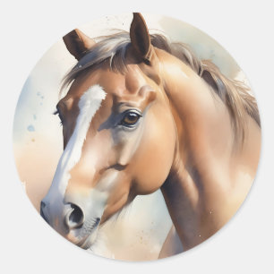 Delicate Watercolor Horse Portrait in Soft Pastel  Classic Round Sticker