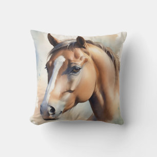 Delicate Watercolor Horse Portrait in Soft Pastel Cushion
