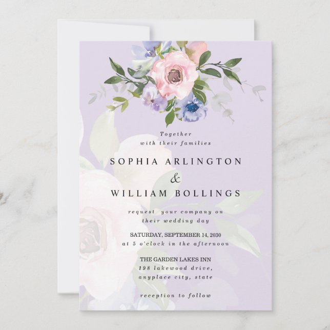 Delicate Watercolor Pink Rose Purple Wedding Invitation (Front)