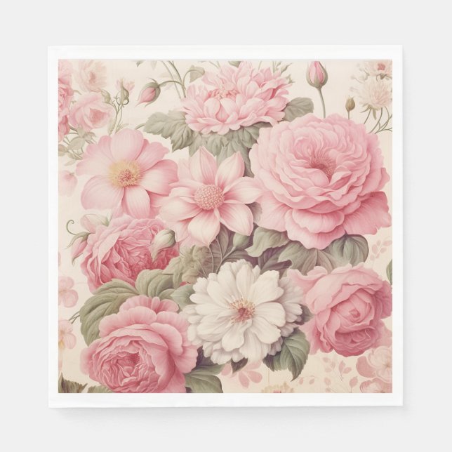 Delicate Watercolor Pink Roses & Apple Blossoms Napkin (Front)