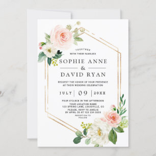 Delicate Watercolor Pink White Floral Gold Wedding Invitation