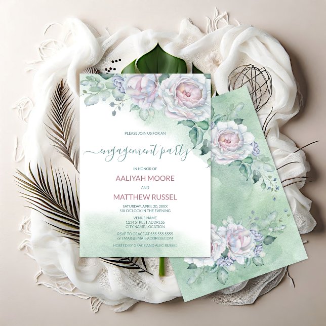 Delicate Watercolor Rose Engagement Party Invitation (Elegant watercolor rose engagement party invitation front and back view.)