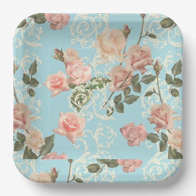 Delicate watercolor rose  paper plate (Front)