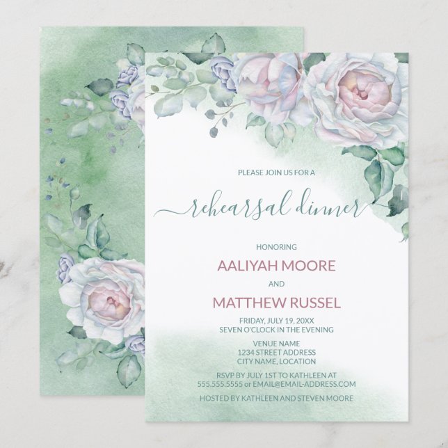 Delicate Watercolor Rose Rehearsal Dinner Invitation (Front/Back)