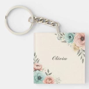 Delicate Watercolor Sketchy Flowers Key Ring