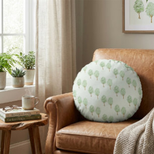 Delicate Watercolor Trees Pattern Light Green Round Cushion