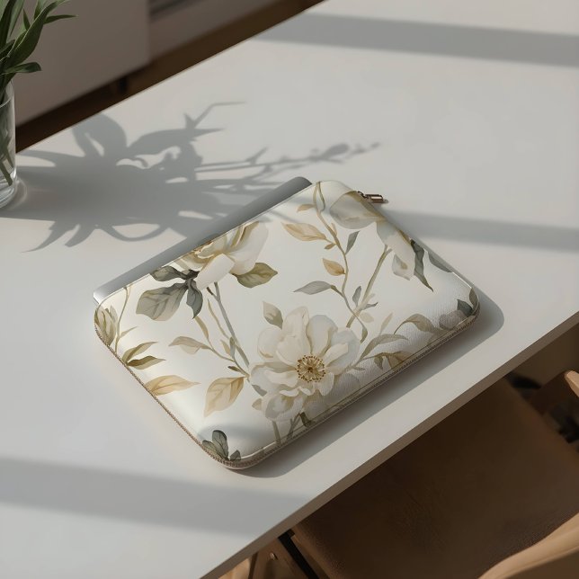 Delicate Watercolor White Floral Pattern Laptop Sleeve (Creator Uploaded)