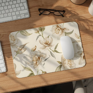 Delicate Watercolor White Floral Pattern Mouse Mat