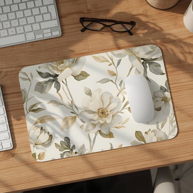 Delicate Watercolor White Floral Pattern Mouse Mat (Creator Uploaded)