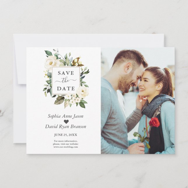 Delicate Watercolor White Flowers Photo Wedding Save The Date (Front)