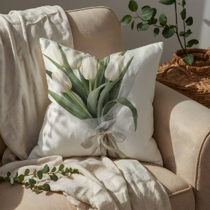 Delicate Watercolor White Tulip Bouquet Cushion