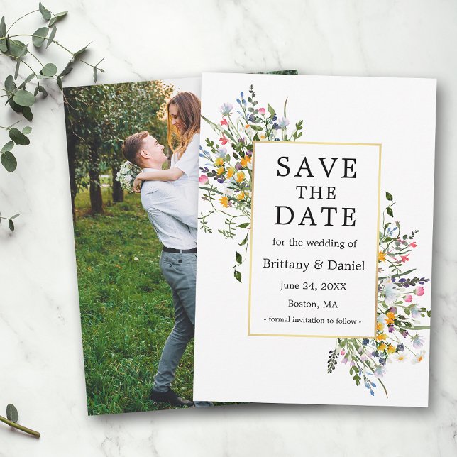 Delicate Watercolor Wildflowers Photo Gold  Save The Date (Customize to change text size, color or text style.)