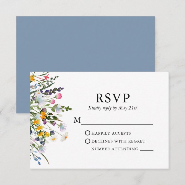 Delicate Watercolor Wildflowers Wedding Dusty Blue RSVP Card (Front/Back)