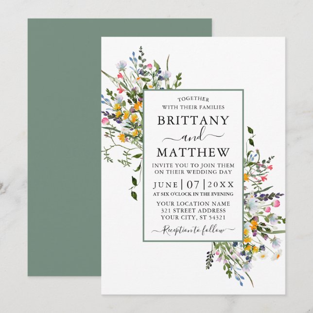 Delicate Watercolor Wildflowers Wedding Sage Green Invitation (Front/Back)