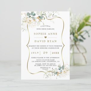 Delicate Watercolour Floral Leaves Gold Wedding Invitation